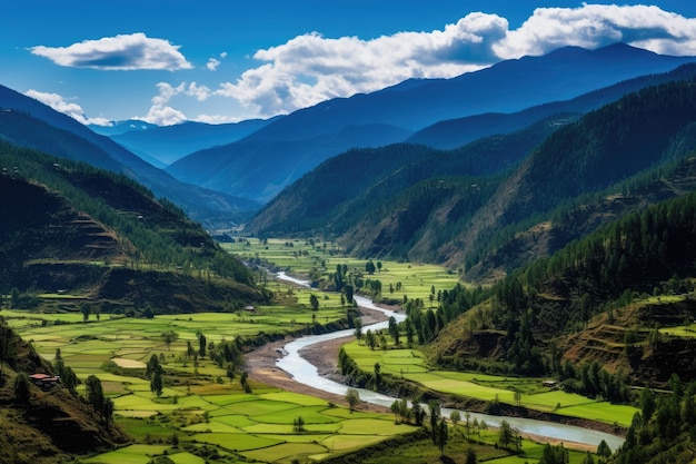 Panoramablick auf das Tal im Himalaya Nepal Panoramablick auf das Paro-Tal Bhutan AI generiert