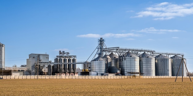 Panoramablick auf den Agro-Silos-Getreideaufzug auf der Agroprocessing-Produktionsanlage zur Verarbeitung, Trocknung, Reinigung und Lagerung von landwirtschaftlichen Produkten, Mehl, Getreide und Getreide