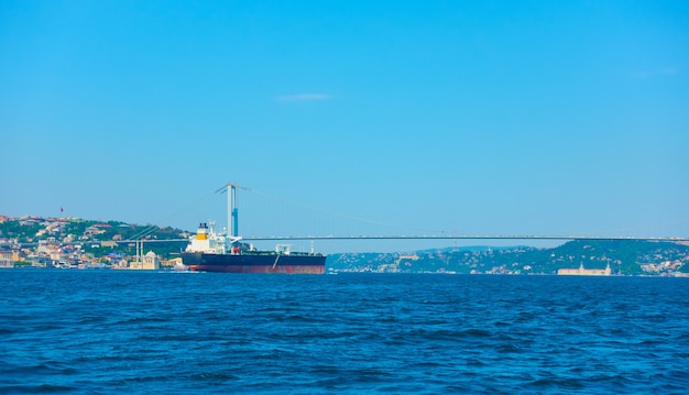 Panoramablick auf den Bosporus in Istanbul und Frachtschiff, Türkei