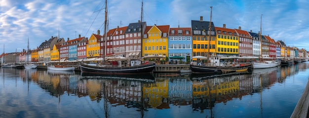 Panoramablick auf den bunten Kopenhagener Kanal mit Booten