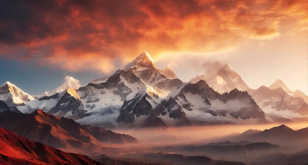 Panoramablick auf den Himalaya, Sonnenaufgang über den Bergen