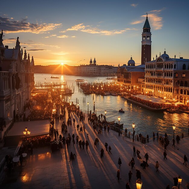 Panoramablick auf den Platz San Marco entlang der Lagune bei Sonnenuntergang in Venedig Veneto Italien