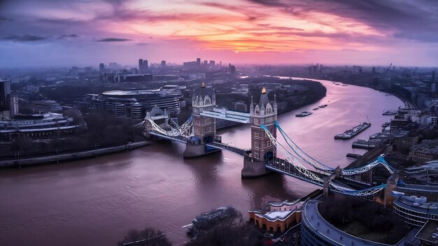 Panoramablick auf den Sonnenuntergang der Londoner Tower Bridge und der Themse, England, Vereinigtes Königreich