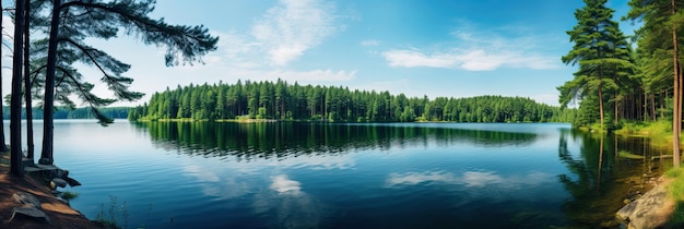 Panoramablick auf den Waldsee in Russland. Eine ruhige Landschaft mit saisonalem Grün und ruhigem Wasser