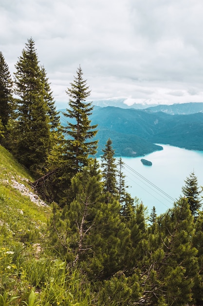 Panoramablick auf die Berge mit Blick auf das alpine türkisfarbene Fichtenwalddorf in Bayern Deutschland