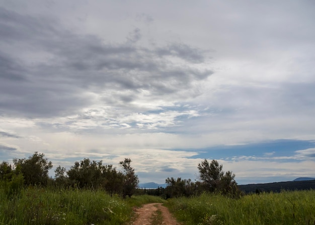 Panoramablick auf die Dorfstraße und den Sonnenuntergang mit Wolken