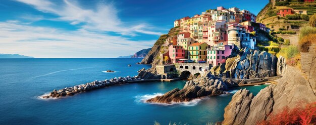 Panoramablick auf die farbenfrohe Stadtküste in Cinque Terre Ligurien Italien Sonniger Tag Generative KI