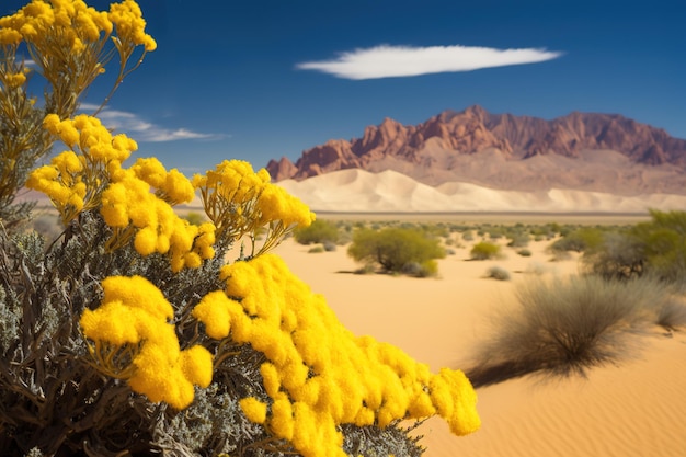 Panoramablick auf die gelbblättrige Vegetation der Wüste, Sanddünen und Berge im Hintergrund
