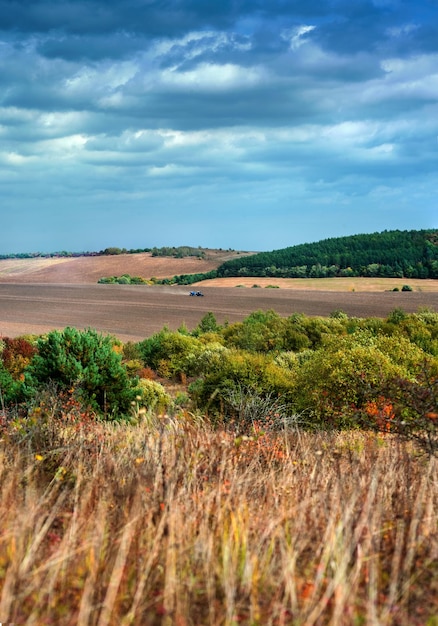 Panoramablick auf die im Herbst gepflügten Felder mit Arbeitstraktoren von der Höhe der Hügel mit trockenen gelben Gräsern