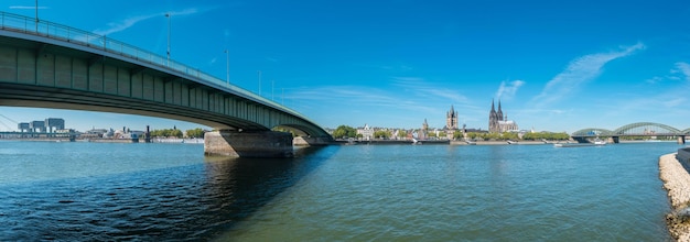 Panoramablick auf die Kölner Skyline im Sommer mit Dom und Hohenzollernbrücke. ideal für Webseiten und Zeitschriftenlayouts