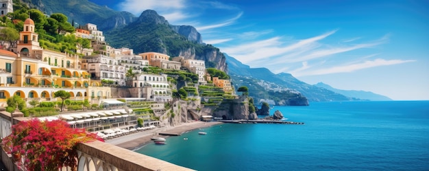 Panoramablick auf die Küste von Amalfi auf Hügeln mit Blumen und Meer Kampanien Italien Generative ai