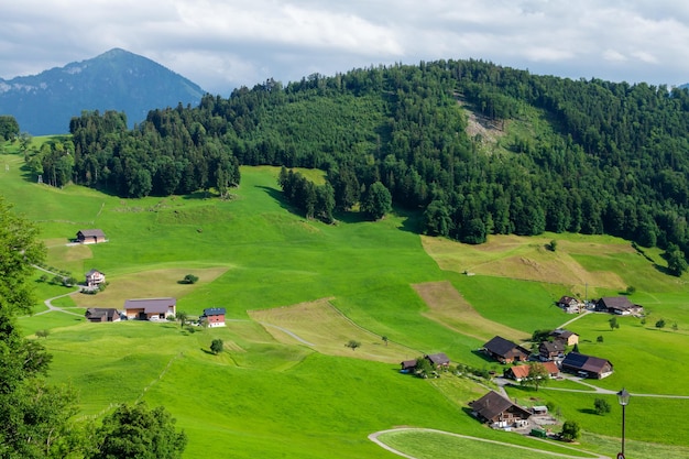 Panoramablick auf die Landschaft, grüne Almwiesen und Berge