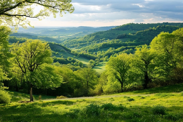 Panoramablick auf die Landschaft mit frischen grünen Hügeln im Frühling