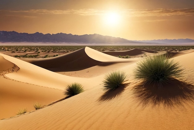 Panoramablick auf die Landschaft Sahara Wüste Sanddünen und Vegetationen sonniger Tag Fotografie der Wüste