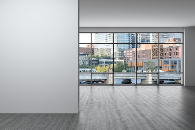 Panoramablick auf die malerische Stadt Boston zur Tageszeit vom modernen leeren Raum Massachusetts Ein intellektuelles und politisches Zentrum Mockup kopieren Raum leere Wand Display-Konzept 3D-Rendering