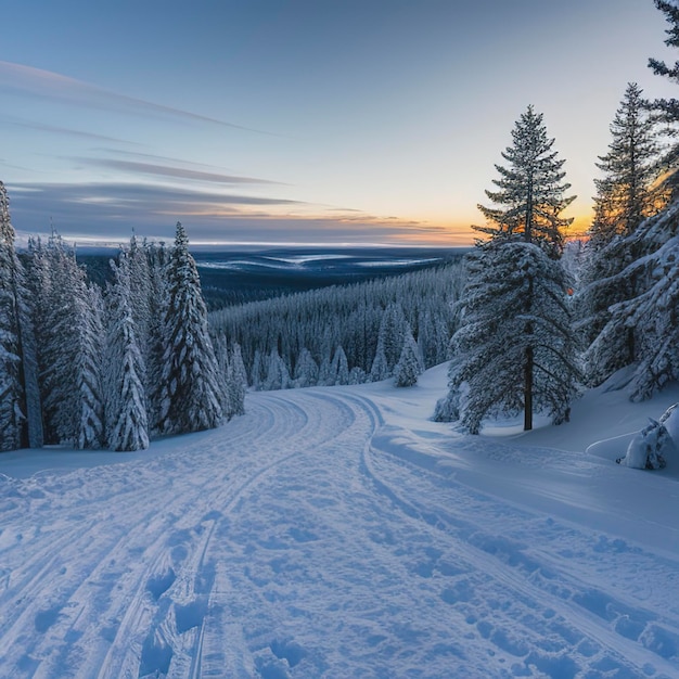 Panoramablick auf die mit Frost bedeckten Bäume in den Schneeflächen Magischer Winterwald Natürliche Landschaft mit wunderschönem Himmel