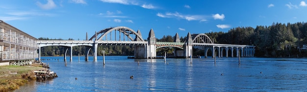 Panoramablick auf die Siuslaw River Bridge und die Gebäude am linken Ufer an einem sonnigen Nachmittag