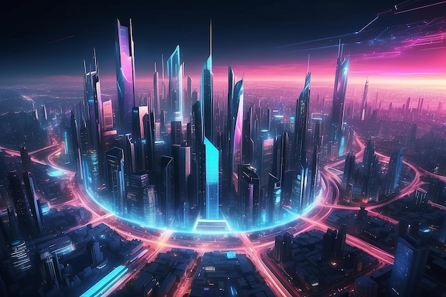 Panoramablick auf die Stadt Dubai, die in einem Neonspektrum beleuchtet ist