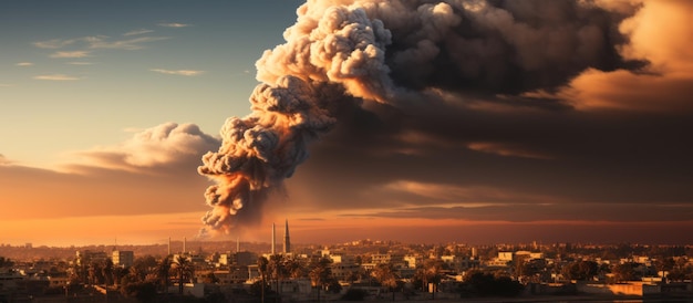 Panoramablick auf die Stadt mit rauchenden Schornsteinen bei Sonnenuntergang