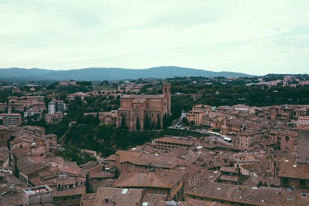 Panoramablick auf die Stadt Siena mit historischen Gebäuden und weit entfernten grünen Feldern von Torre del Mangia ist ein Turm in der Stadt. Sonniger Sommertag und dramatischer blauer Himmel