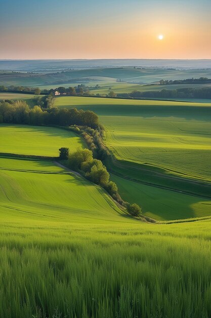 Panoramablick auf ein grünes Feld im Licht der Abendsonne