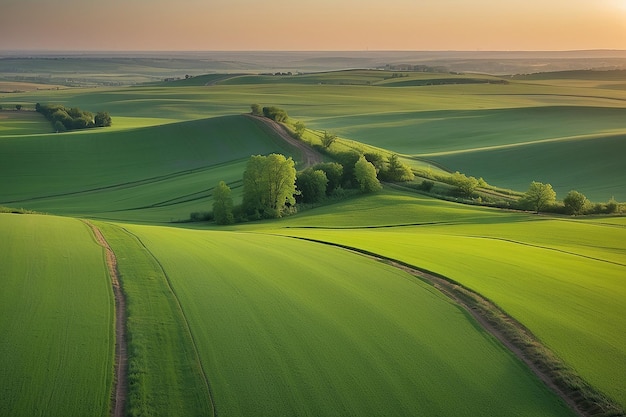 Panoramablick auf ein grünes Feld im Licht der Abendsonne