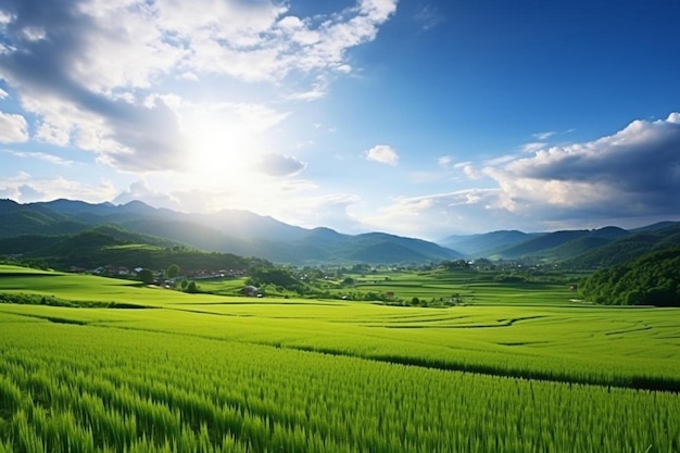 Panoramablick auf ein grünes Feld im Licht der Abendsonne