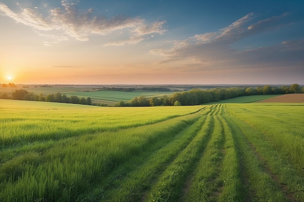 Panoramablick auf ein grünes Feld im Licht der Abendsonne