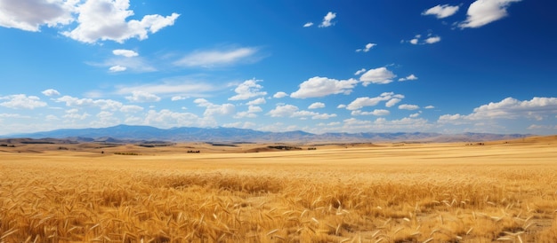 Foto panoramablick auf ein weizenfeld und einen blauen himmel mit weißen wolken