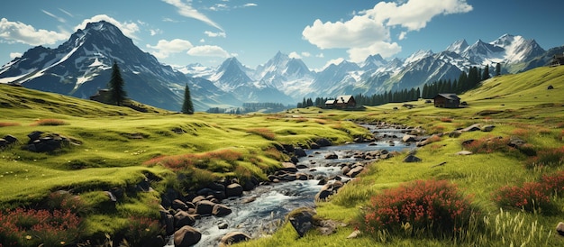 Foto panoramablick auf eine alpenwiese mit fluss und bergen