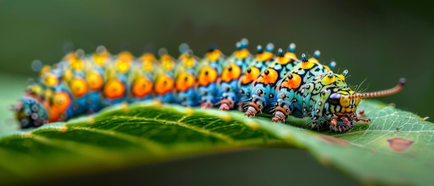 Foto panoramablick auf eine farbenfrohe raupe mit detaillierten markierungen, die auf einem üppigen grünen blatt kriecht