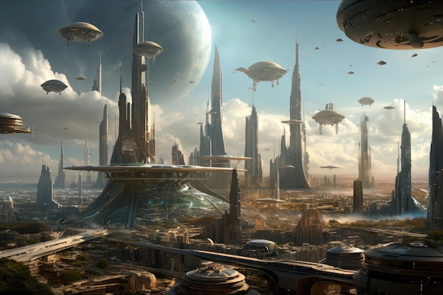Panoramablick auf eine futuristische Stadt mit hoch aufragenden Gebäuden und eleganten Raumschiffen, die über ihnen schweben