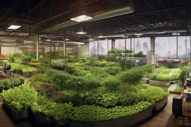 Panoramablick auf eine urbane Indoor-Farmanlage, die mit generativer KI erstellt wurde