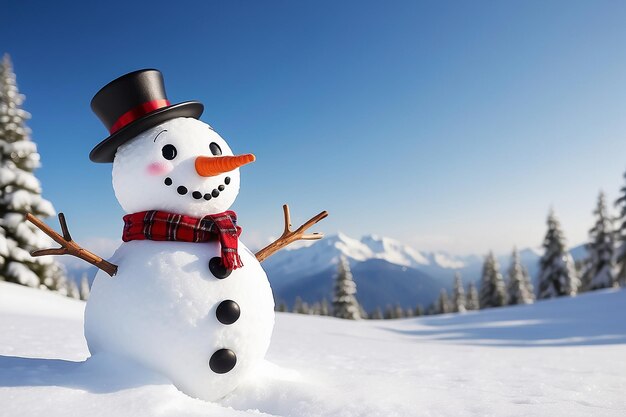 Panoramablick auf einen glücklichen Schneemann im Winter mit Kopierplatz