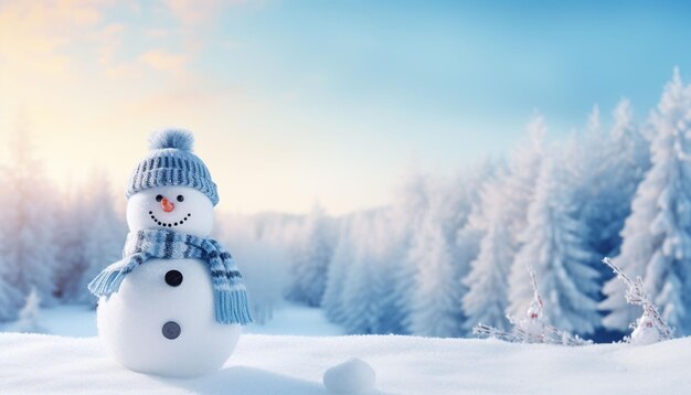 Panoramablick auf einen glücklichen Schneemann im Winter