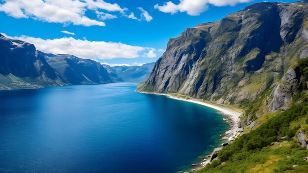 Panoramablick auf einen majestätischen Fjord mit steilen Klippen und tiefblauem Wasser