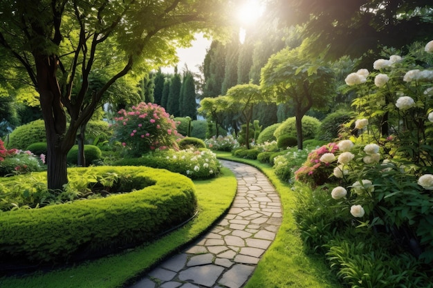 Panoramablick auf einen üppig grünen Garten mit blühenden Blumen, die sich durch die Wege schlängeln