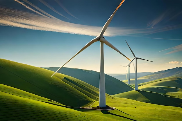 Panoramablick auf einen Windpark oder Windpark mit hohen Windkraftanlagen zur Stromerzeugung mit Kopierraum, grünes Energiekonzept, AIgenerierte digitale Kunst
