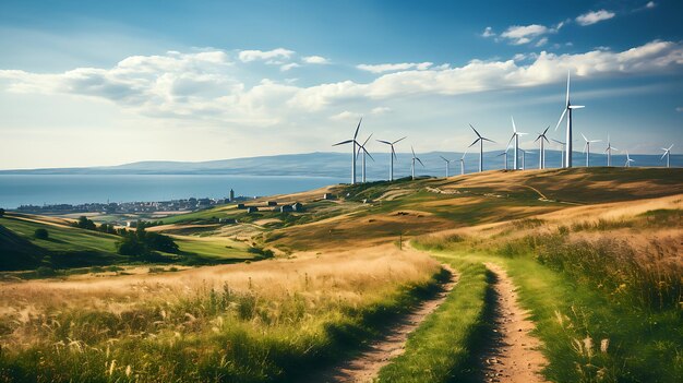 Foto panoramablick auf einen windpark oder windpark mit hohen windkraftanlagen zur stromerzeugung mit kopierraum. grünes energiekonzept