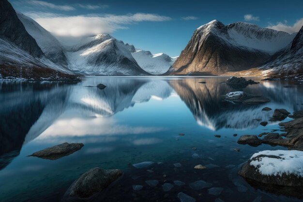 Panoramablick auf einen zugefrorenen Fjord mit schneebedeckten Bergen im Hintergrund und stillem Wasserspiegel