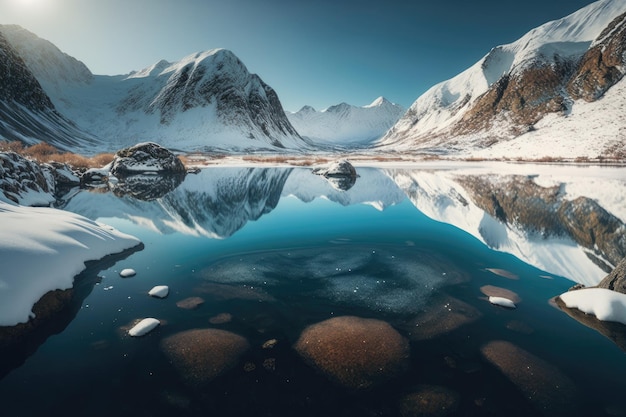 Panoramablick auf einen zugefrorenen Fjord mit schneebedeckten Bergen im Hintergrund und stillem Wasserspiegel