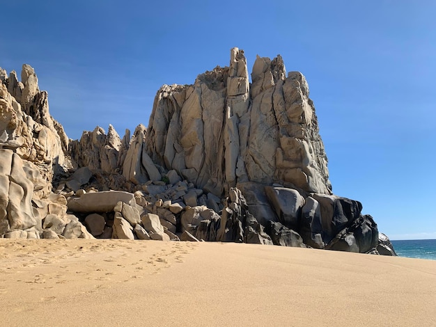 Panoramablick auf Felsen am Strand vor klarem Himmel