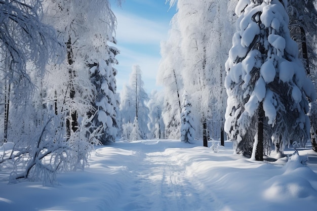 Panoramablick auf frostbedeckte Bäume in Schneeflächen Magischer Winterwald