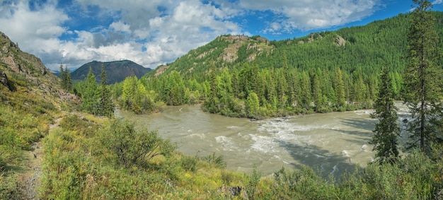 Panoramablick auf Gebirgstal mit Fluss