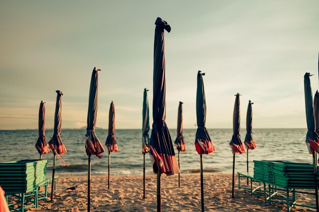 Foto panoramablick auf holzpfosten am strand gegen den himmel