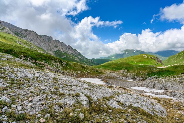 Foto panoramablick auf idyllische hügel, landschaft mit blühenden wiesen und schneebedeckten alpinen berggipfeln im hintergrund an einem wunderschönen sonnigen tag