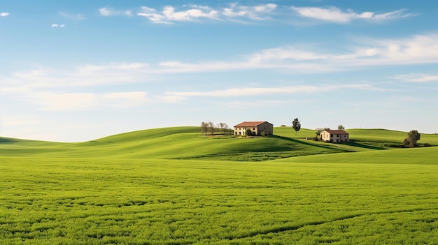 Panoramablick auf sanfte grüne Hügel, die von malerischen Hütten unter einem klaren blauen Himmel gesätzt sind, für eine ruhige Landschaftsszene.