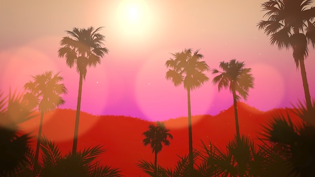 Panoramablick auf tropische Landschaft mit Palmen und Sonnenuntergang