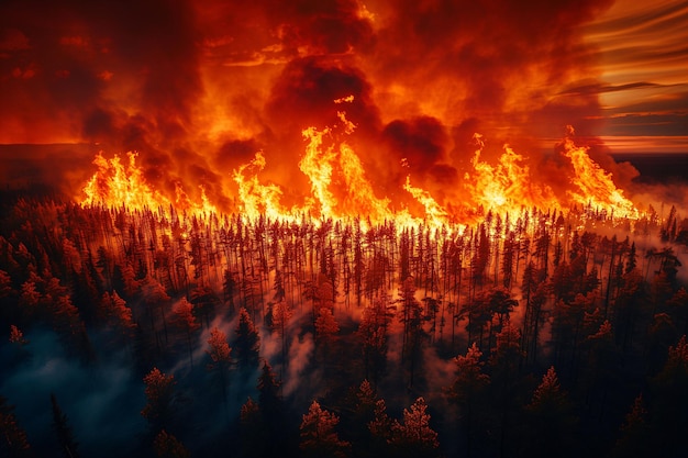 Panoramablick aus der Luft von brennenden Bäumen in Flammen im Wald, der von Brandsmog bedeckt ist