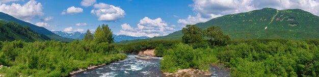 Panoramablick schöne Sommerlandschaft Bergfluss und grüner Wald auf Hügeln entlang des Flussufers